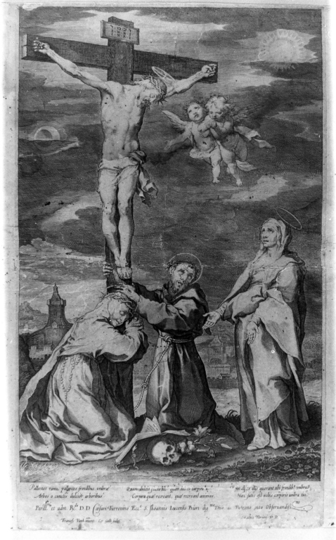 Cristo crocifisso con la Madonna e i Santi Francesco e Chiara (stampa) di Picart Etienne, Galle Cornelis il Vecchio, Vanni Francesco (secc. XVI/ XVII)