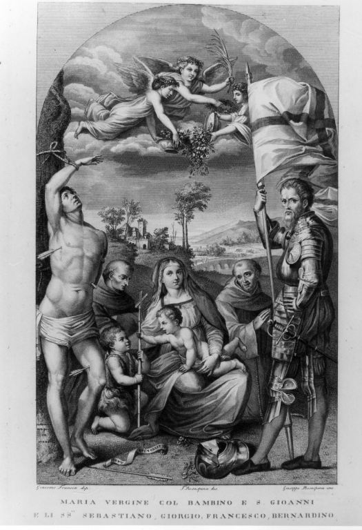 MARIA VERGINE COL BAMBINO E S. GIOANNI/ E LI SS SEBASTIANO, GIORGIO, FRANCESCO, BERNARDINO, Madonna con Bambino tra San Giovannino, San Sebastiano, San Giorgio, San Francesco e San Bernardino (stampa) di Rosaspina Giuseppe, Raibolini Francesco detto Francesco Francia (primo quarto sec. XIX)