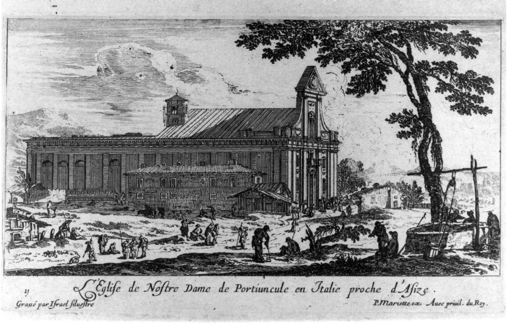 L'EGLISE DE NOSTRE DAME DE PORTIUNCULE EN ITALIE PROCHE D'ASIZE, veduta della Chiesa della Porziuncola ad Assisi (stampa) di Silvestre Israel (sec. XVII)