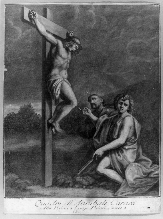 Cristo crocifisso con San Francesco e San Giovanni (stampa smarginata) di Vanni Violante, Lorenzi Lorenzo, Carracci Annibale (seconda metà sec. XVIII)