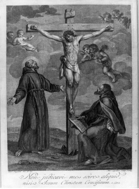 Cristo crocifisso con San Francesco e San Bernardo (stampa smarginata) di Capellan Antonio, Angeletti Antonio (seconda metà sec. XVIII)