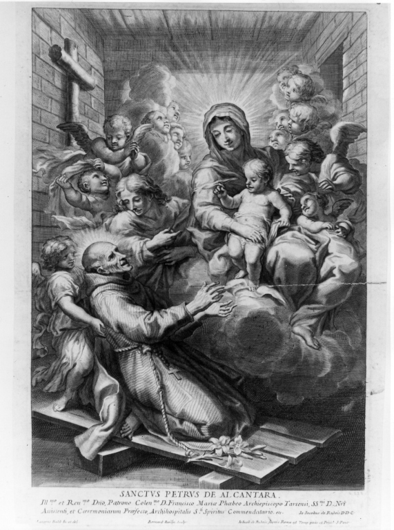 Madonna con Bambino appaiono a San Pietro d'Alcantara (stampa) di Badile Bartolomeo I, Baldi Lazzaro (sec. XVI)