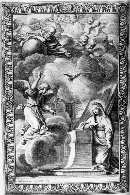 Annunciazione (stampa) di Courtois Guillaume detto Borgognone (attribuito), Vallet Guillame (attribuito) (sec. XVIII)
