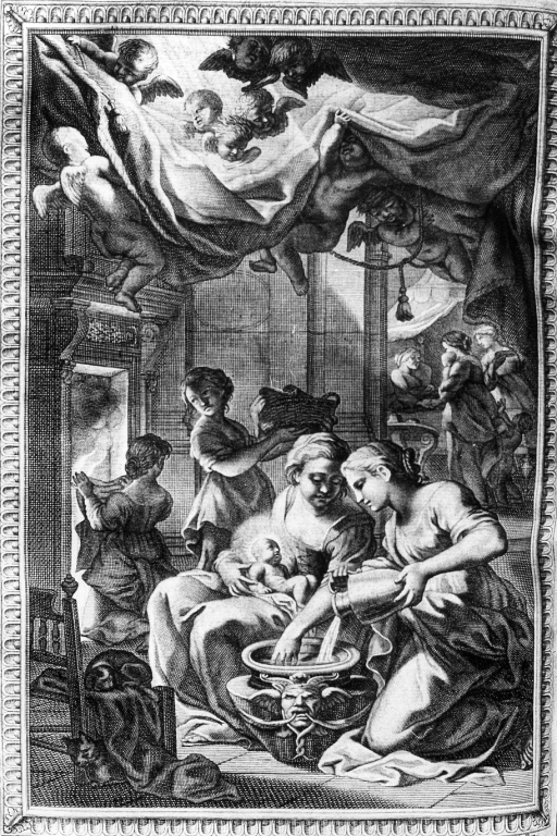 nascita di Maria Vergine (stampa) di Miel Jan (attribuito), Picart Etienne (attribuito) (sec. XVIII)