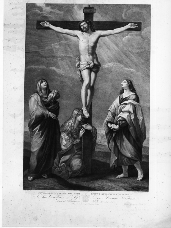 Cristo crocifisso con la Madonna, Santa Maria Maddalena, San Giovanni evangelista (stampa) - ambito laziale (sec. XIX)