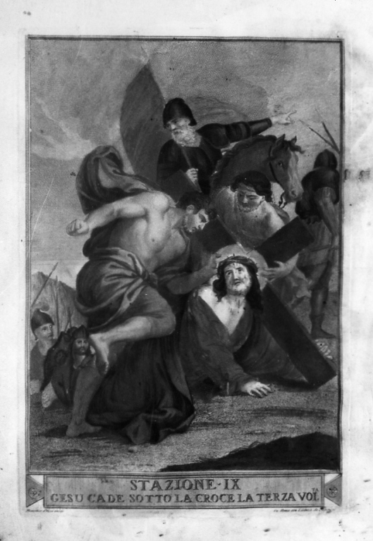 stazione IX: Gesù cade sotto la croce la terza volta (stampa) di Bombelli Pietro Leone (fine/inizio secc. XIX/ XX)