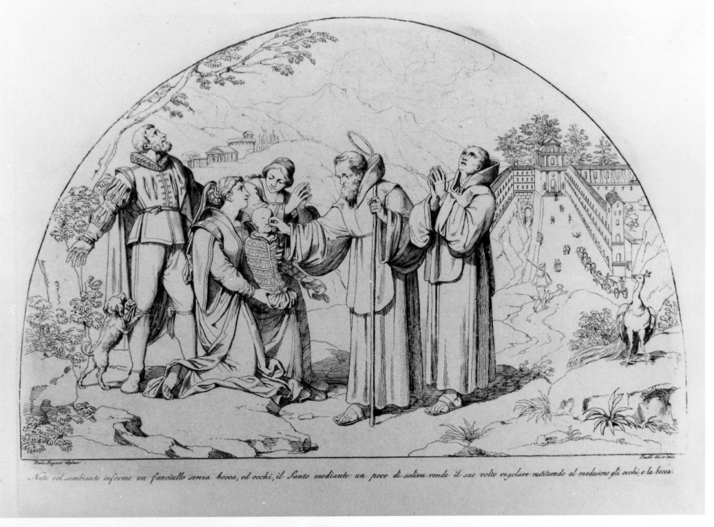 San Francesco di Paola guarisce un bambino (stampa, serie) di Pinelli Bartolomeo, Nogari Paris detto Paris Romano (sec. XIX)