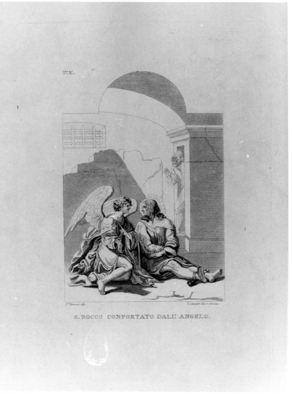 San Rocco in carcere confortato dall'angelo (stampa, serie) di Canuti Gaetano, Carracci Francesco (sec. XIX)
