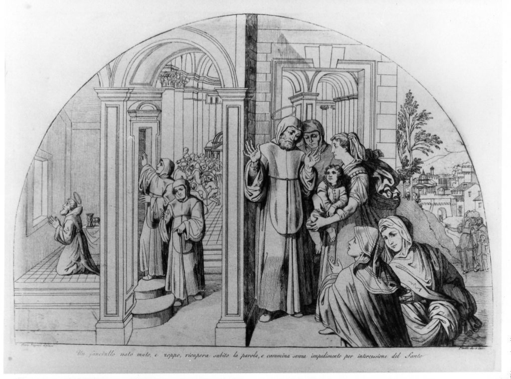San Francesco di Paola guarisce un bambino (stampa, serie) di Nogari Paris detto Paris Romano, Pinelli Bartolomeo (sec. XIX)