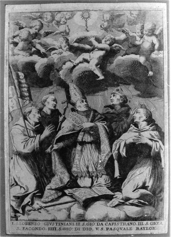 apparizione del Ss. Sacramento a San Lorenzo Giustiniani (stampa smarginata) di Bonaventura Domenico (fine sec. XVII)