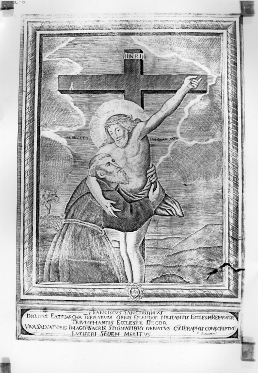 San Francesco d'Assisi abbraccia Cristo crocifisso (stampa smarginata) di Brisson Jean Baptiste (sec. XVII)