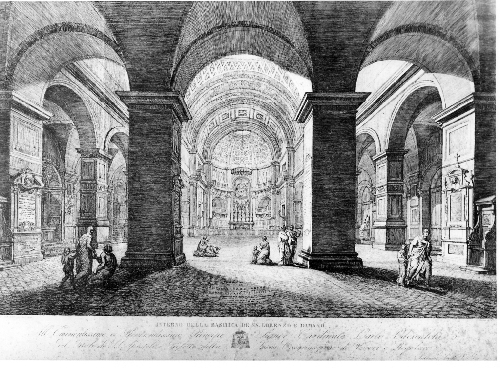 interno chiesa S. Lorenzo in Damaso (stampa) di Sarti Antonio (sec. XIX)