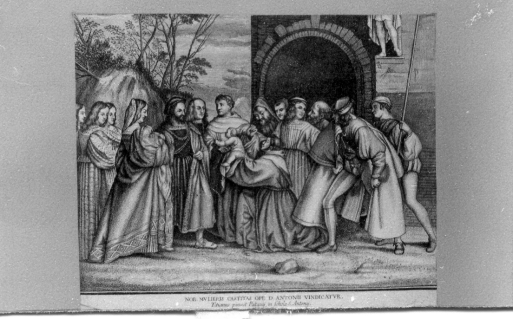 Sant'Antonio da Padova scagiona la madre accusata di adulterio (stampa) di Vecellio Tiziano (sec. XVI)