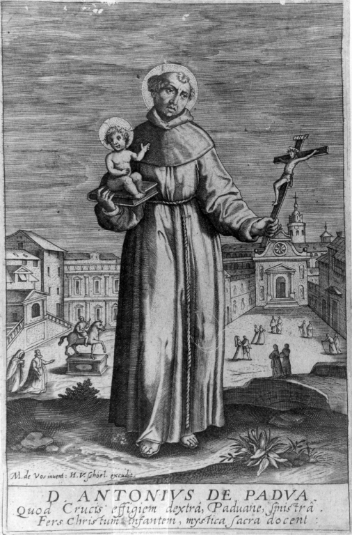 D. ANTONIVS DE PADVA, Sant'Antonio da Padova (stampa) di De Vos Maarten (seconda metà sec. XVI)