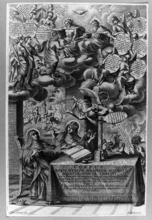 Santa Brigida accolta in paradiso da Cristo e Dio padre (stampa) di Kilian Bartholomaus II, Umbach Jonas (seconda metà sec. XVII)