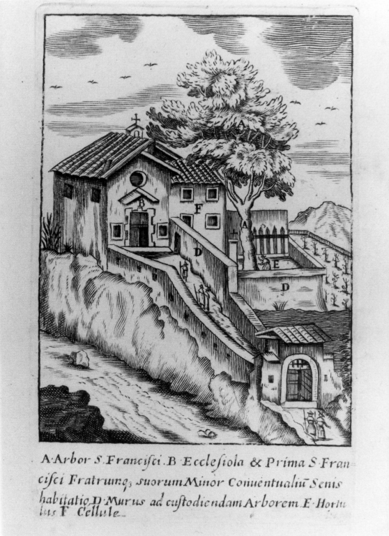 chiesa e orto di San Francesco d'Assisi (stampa) - ambito romano (inizio sec. XVII)