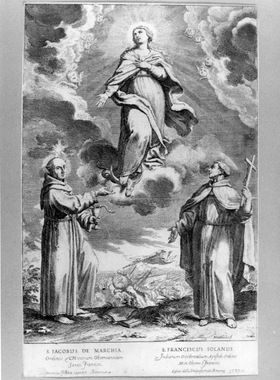 apparizione della Madonna a San Giacomo (stampa smarginata) di Mattioli Lodovico, Fratta Domenico Maria (sec. XVIII)