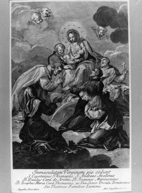 Immacolata Concezione e santi (stampa smarginata) di Capellan Antonio, Ricci Angelo (prima metà sec. XVIII)