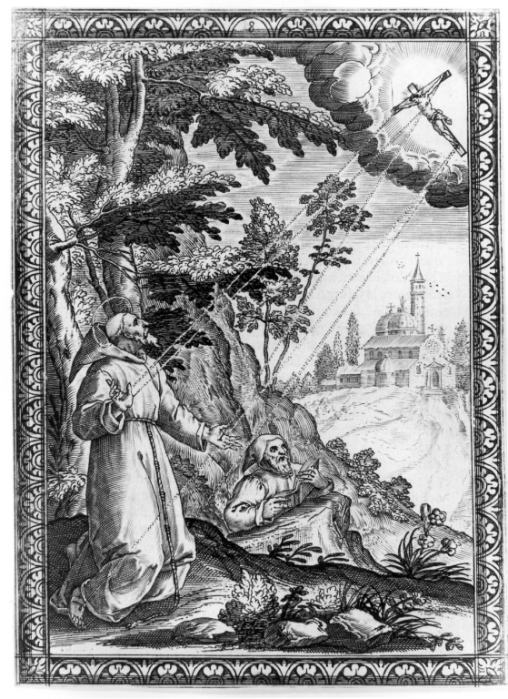 San Farncesco d' Assisi riceve le stimmate (stampa smarginata) di Franco Giacomo (sec. XVI)