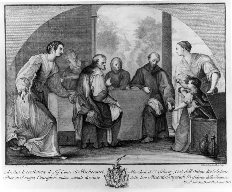 San Francesco d'Assisi e il miracolo del bambino (stampa) di Mogalli Niccolò, Mannozzi Giovanni detto Giovanni da San Giovanni (sec. XVIII)