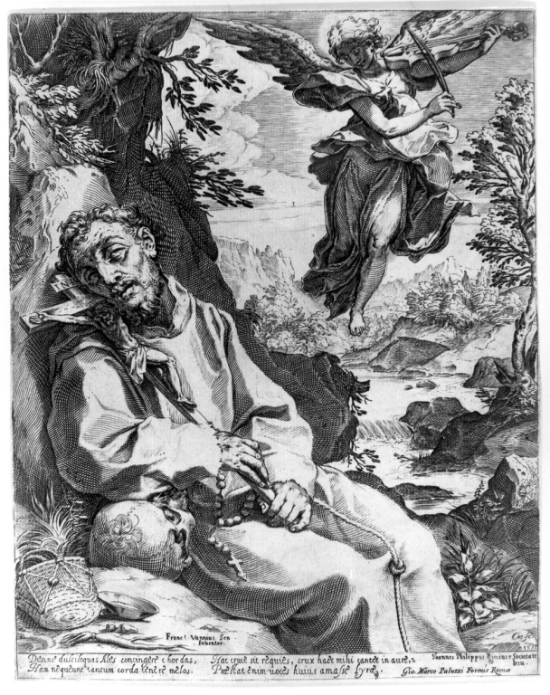 S. FRANCESCO D'ASSISI, San Francesco d'Assisi morente ha la visione dell' angelo (stampa) di Carracci Ludovico, Vanni Francesco (sec. XVI)