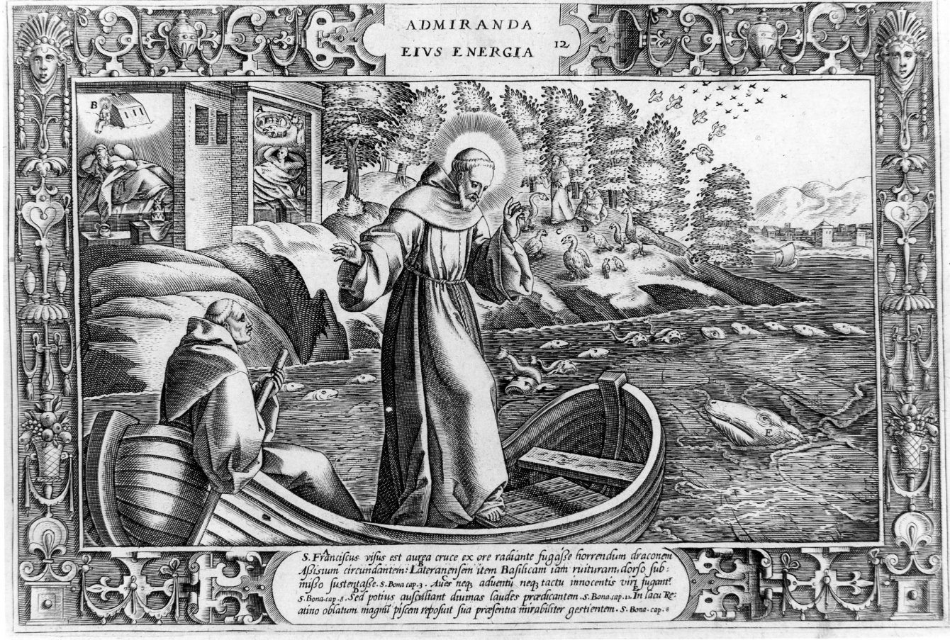 ADMIRANDA EIUS ENERGIA, San Francesco d'Assisi parla ai pesci (stampa) di Galle Philipp (sec. XVI)
