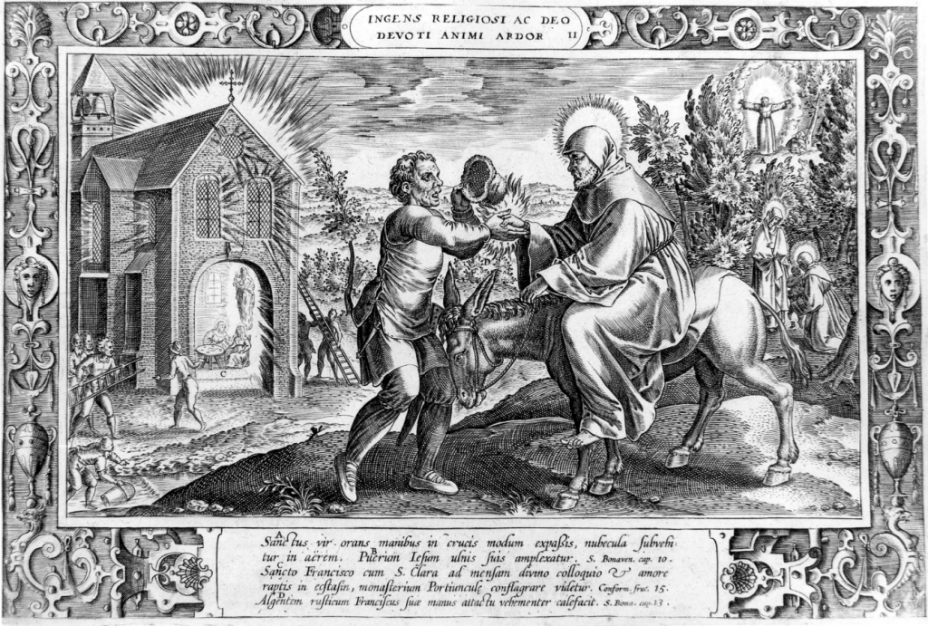 TENTATIO DAEMONIS, ET DIVINI SOLATII REFOCILLATIO, San Francesco d'Assisi tentato dal demonio (stampa) di Galle Philipp (sec. XVI)