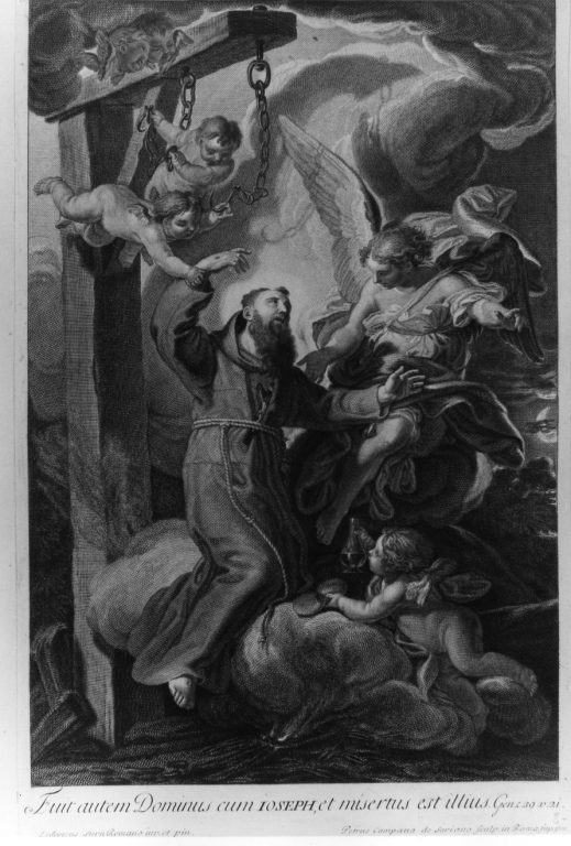 San Giuseppe da Leonessa salvato dagli angeli (stampa) di Campana De Soriano Pietro, Stern Ludovico (metà sec. XVIII)