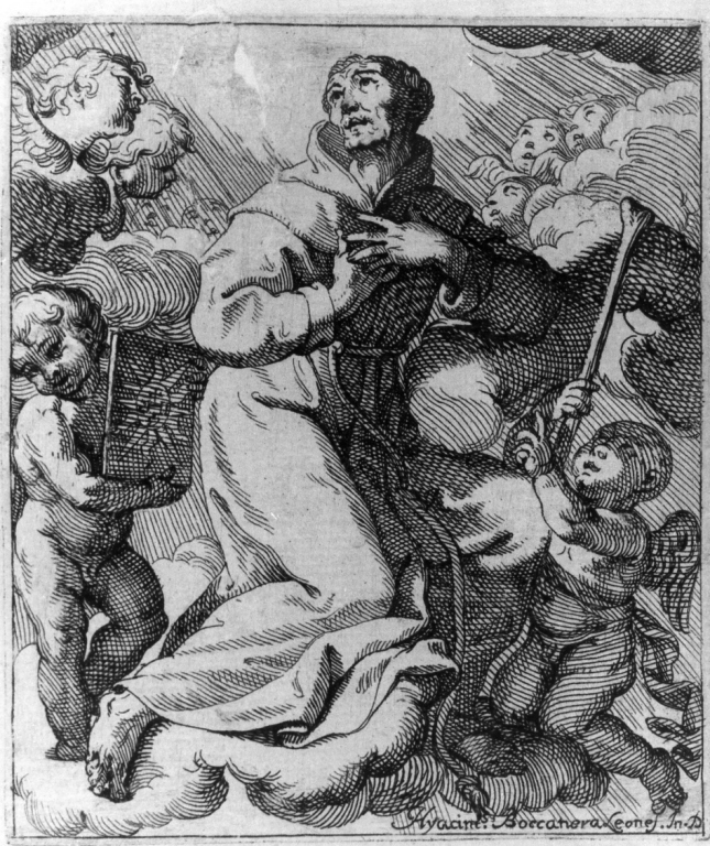 San Bernardino da Siena portato in cielo dagli angeli (stampa) di Boccanera Giacinto (fine sec. XVII)