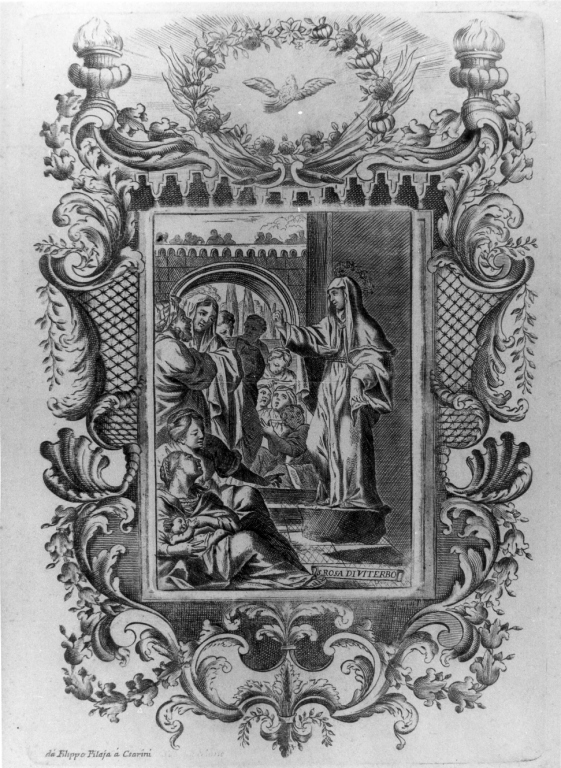 S. ROSA DI VITERBO, Santa Rosa da Viterbo che predica (stampa) di Pilaja Filippo (prima metà sec. XVIII)