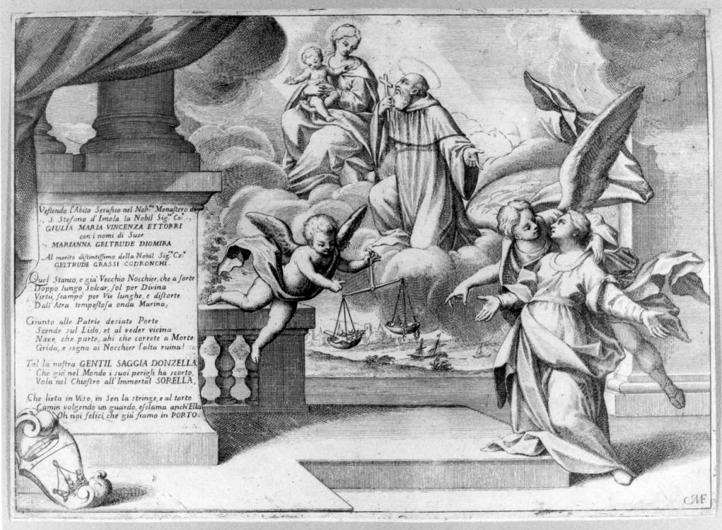 Madonna con Bambino in gloria; Suor Marianna Geltrude Diomira (stampa) di Monogrammista I. M (inizio sec. XIX)