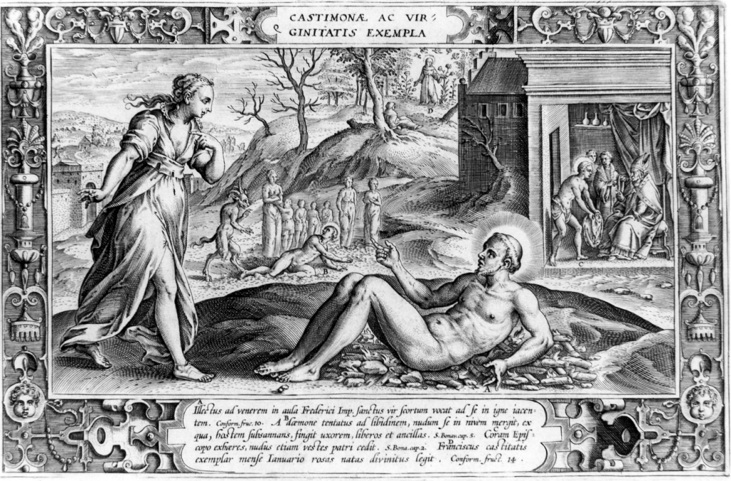 CASTIMONAE AC VIR: GINITATIS EXEMPLA, San Francesco d'Assisi sui carboni accesi (stampa) di Galle Philipp (sec. XVI)