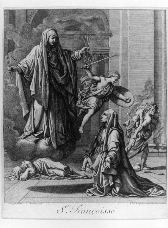 S.TE FRANCOISSE, Santa Francesca Romana (stampa smarginata) di Audran Gérard, Poussin Nicolas (sec. XVII)