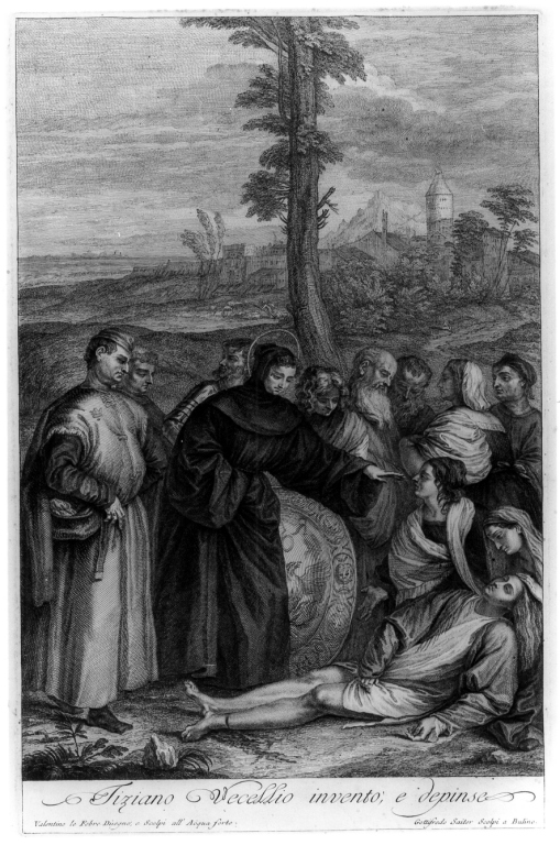 Tiziano Vecellio inventò; e depinse, Sant'Antonio da Padova risana il piede ad un giovane (stampa) di Vecellio Tiziano, Saiter Johann Gottfried, Lefebvre Valentin (sec. XVIII)