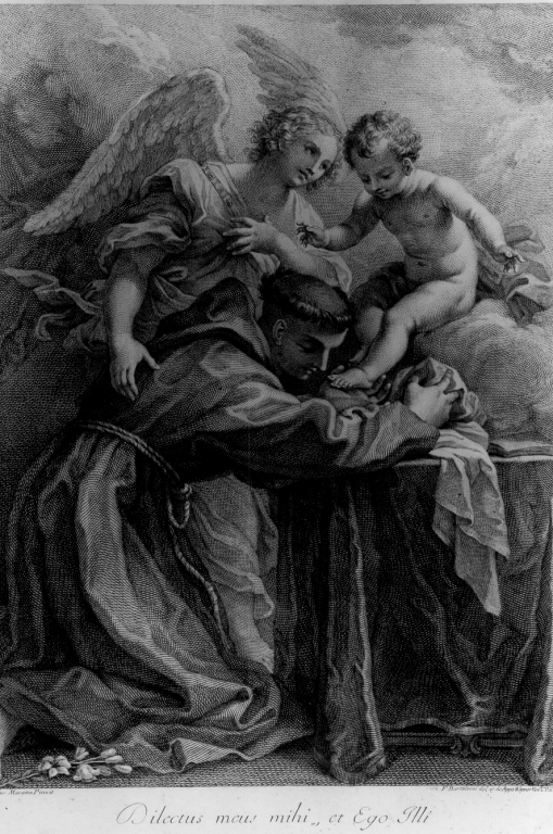 Dilectus Meus mihi, et Ego Illi, Sant'Antonio da Padova con il Bambino Gesù e un angelo (stampa) di Bartolozzi Francesco, Maratta Carlo (sec. XVIII)