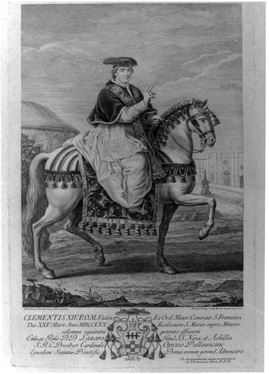 Ritratto di papa Clemente XIV a cavallo (stampa) di Cunego Domenico, Porta Giovanni Domenico (sec. XVIII)