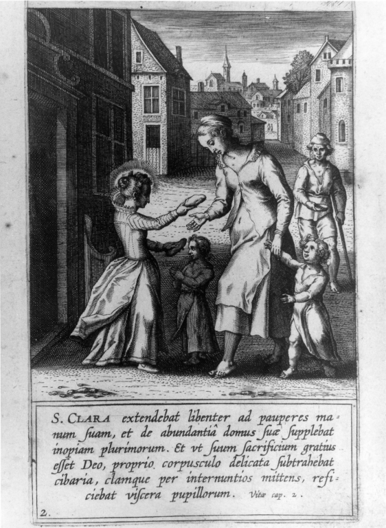 S. Clara extendebat libenter ad pauperes manun.., Elemosina di Santa Chiara bambina (stampa) di Collaert Adriaen, Van Noort Adam I (sec. XVII)