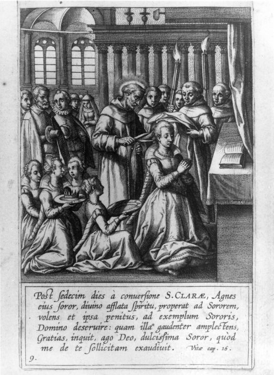 Post sedecim dies a conversione S. Clarae.., Vestizione religiosa di Agnese sorella di Santa Chiara (stampa) di Collaert Adriaen, Van Noort Adam I (sec. XVII)