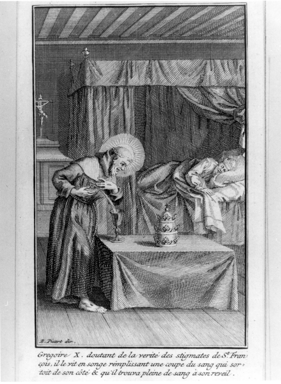 Gregoire X doutant .., San Francesco colma di sangue un calice di Gregorio X (stampa) di Picart Bernard (sec. XVIII)
