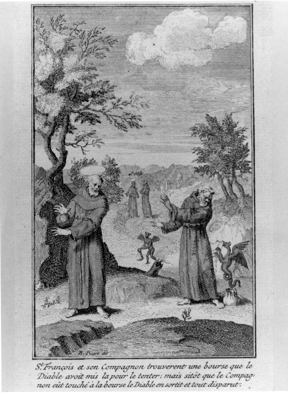 S.t François et son compagnon.., San Francesco e altri frati tentati dal diavolo con una borsa (stampa) di Picart Bernard (sec. XVIII)