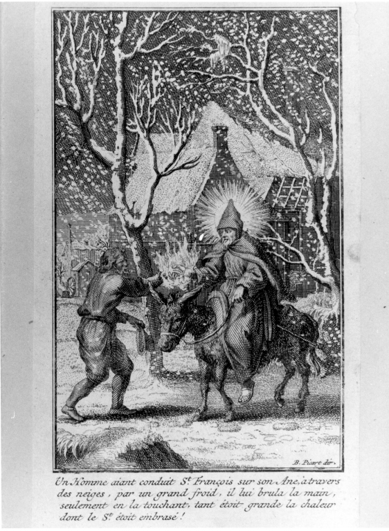 Un homme aiant conduit.., San Francesco condotto da un uomo su un asino (stampa) di Picart Bernard (sec. XVIII)