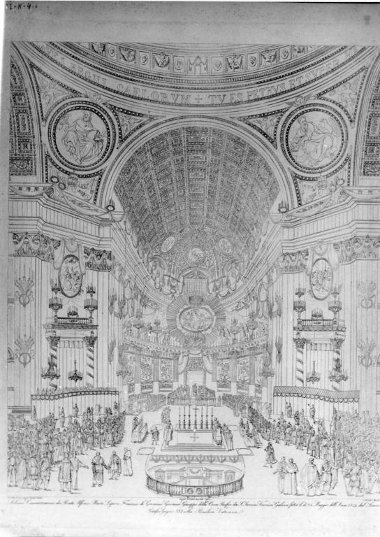 Solenne canonizzazione dei beati.., Cerimonia di canonizzazione nella Basilica vaticana di Sant'Alfonso Liguori Francesco di Geronimo Giovanni Giuseppe della Croce Pacifico da San Severino Santa Veronica Giuliani nel 1839 (stampa) di Piccoli Carlo, Valadier Giuseppe, Moretti S (sec. XIX)