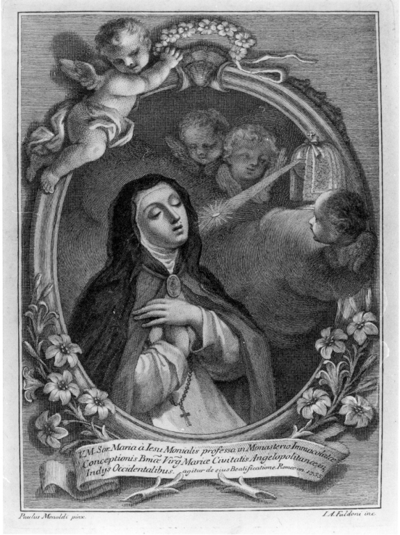 V.M. Sor Maria a Iesu Monialis.., Ritratto di suor Maria di Gesù in estasi (stampa) di Faldoni Giovanni Antonio, Monaldi Paolo (sec. XVIII)