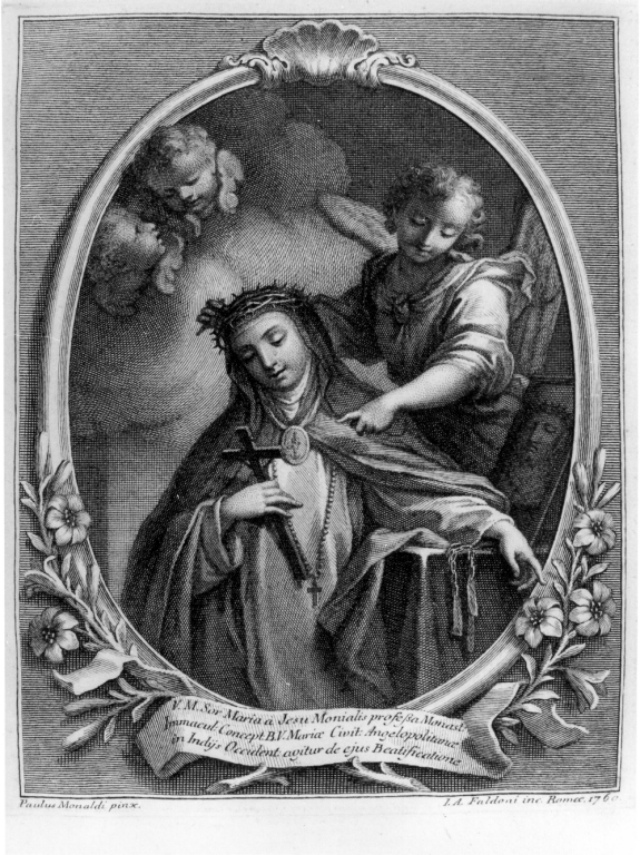 V.M. Sor Maria a Jesu Moniali professa.., Ritratto di suor Maria di Gesù Monialis coronata di spine (stampa) di Faldoni Giovanni Antonio, Monaldi Paolo (sec. XVIII)