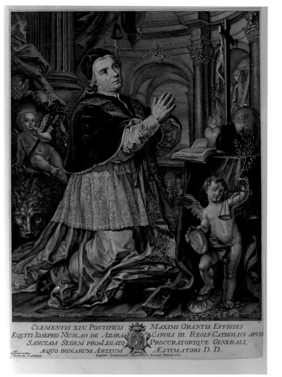 Clementis XIV pontificis maximi orantis effigies, Ritratto di Papa Clemente XIV in preghiera (stampa smarginata) di Garofalo Giuseppe, Sciacca Tommaso Maria (sec. XVIII)