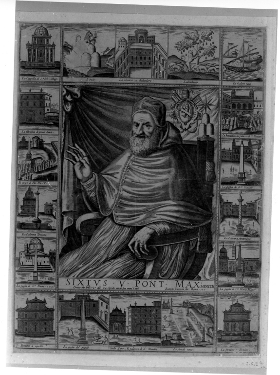 Sixtus V Pont. Max. Min. Con, Ritratto di Papa Sisto V con le opere da lui commissionate (stampa smarginata) di Panzeri Battista, Sciacca Tommaso Maria (sec. XVI)
