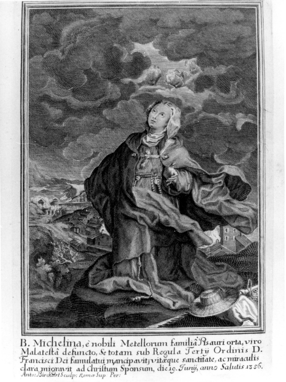 B. Michelina, e nobili Metellorum familia pisauri, Beata Michelina Metelli da Pesaro (stampa) di Birckart Anton, Sciacca Tommaso Maria (prima metà sec. XVIII)