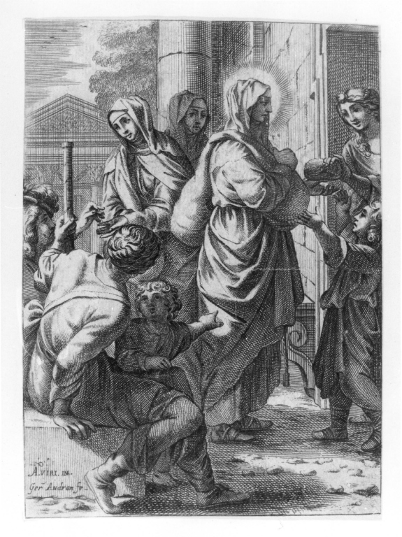 Episodio della vita di Santa Delfina (stampa) di Audran Gérard, Viri A (seconda metà sec. XVII)