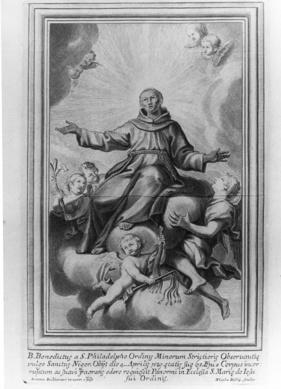 B. Benedictus a S. Philadelpho ordinis minorum .., Gloria del Beato Benedetto da San Filadelfo (stampa) di Belij Nicola, Bicchierai Antonio (seconda metà sec. XVIII)