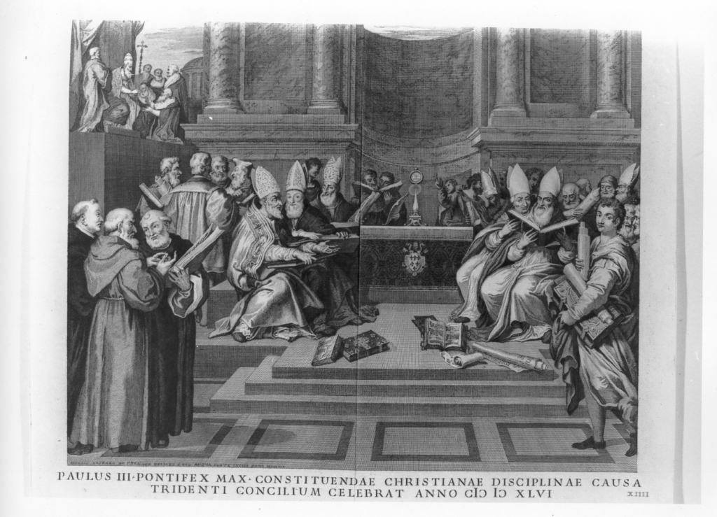 Paulus III Pontifex Max. costituendae christianae, Paolo III celebra il concilio di Trento (stampa) di Von Prenner Giorgio Gaspare, Carracci Annibale (sec. XVIII)